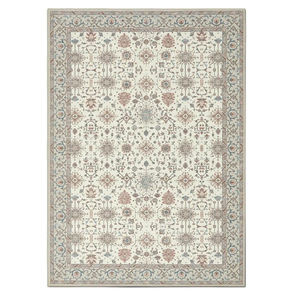 Aure Floral Border Chenille Muticolor Ivory 5 ft. x 7 ft. Polyester Runner Rug