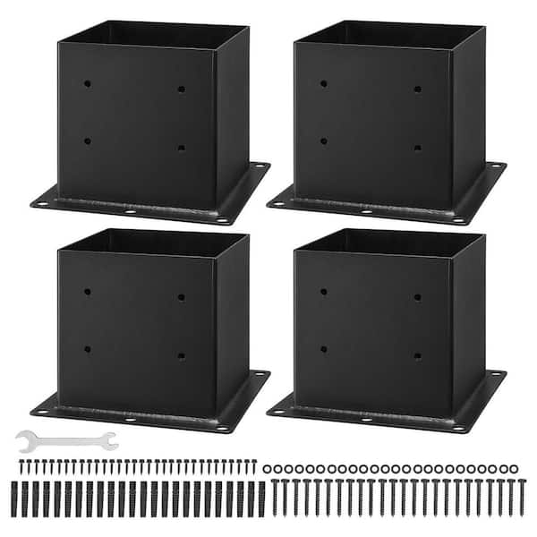 Set of 4 4 x 4 post bases, 3.6 x 3.6 in. inner size. Black carbon steel, ideal for decking, posts, pavilion support