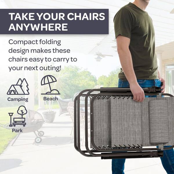 Gray Folding Zero Gravity Steel Outdoor Lounge Chairs (2-Pack)