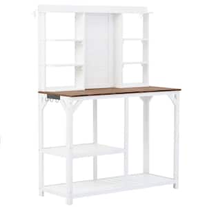 47.2 in. W x 64.6 in. H Large Garden Potting Table, Wood Workstation with 6-Tier Shelves, Side Hook for Backyard, White