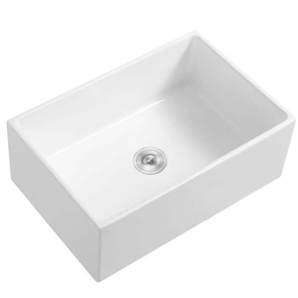 White Fireclay 24 in. Single Bowl Apron-Front Kitchen Sink with Basket Strainer