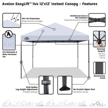 Yoli Avalon EasyLift 12 ft. x 12 ft. Instant Pop-Up Canopy Tent with Wheeled Carry Bag and Bonus 4 Anchor Bags White Top AVLN144WHTANCR