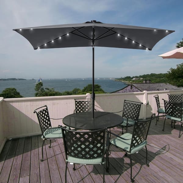 Solar LED 10 ft. x 6.5 ft. Aluminum Patio Rectangle Market Umbrella in Anthracite with Push-Button Tilt