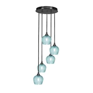 Villa 15.25 in. 5-Light Matte Black Cluster Pendant Light with 6 in. Turquoise Textured Glass Shades, no bulbs included