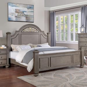 Stablewatch Gray Wood Frame Queen Panel Bed with Floral Design in Headboard