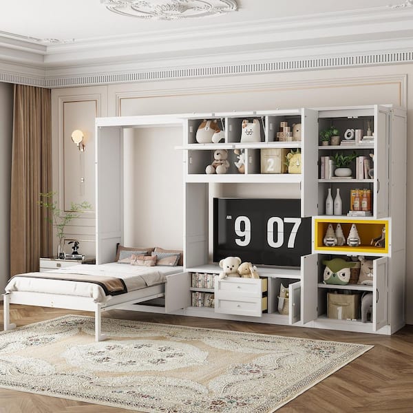 White Wood Frame Twin Size Murphy Bed with TV Stand, 2-Drawers, Shelves and Cabinets