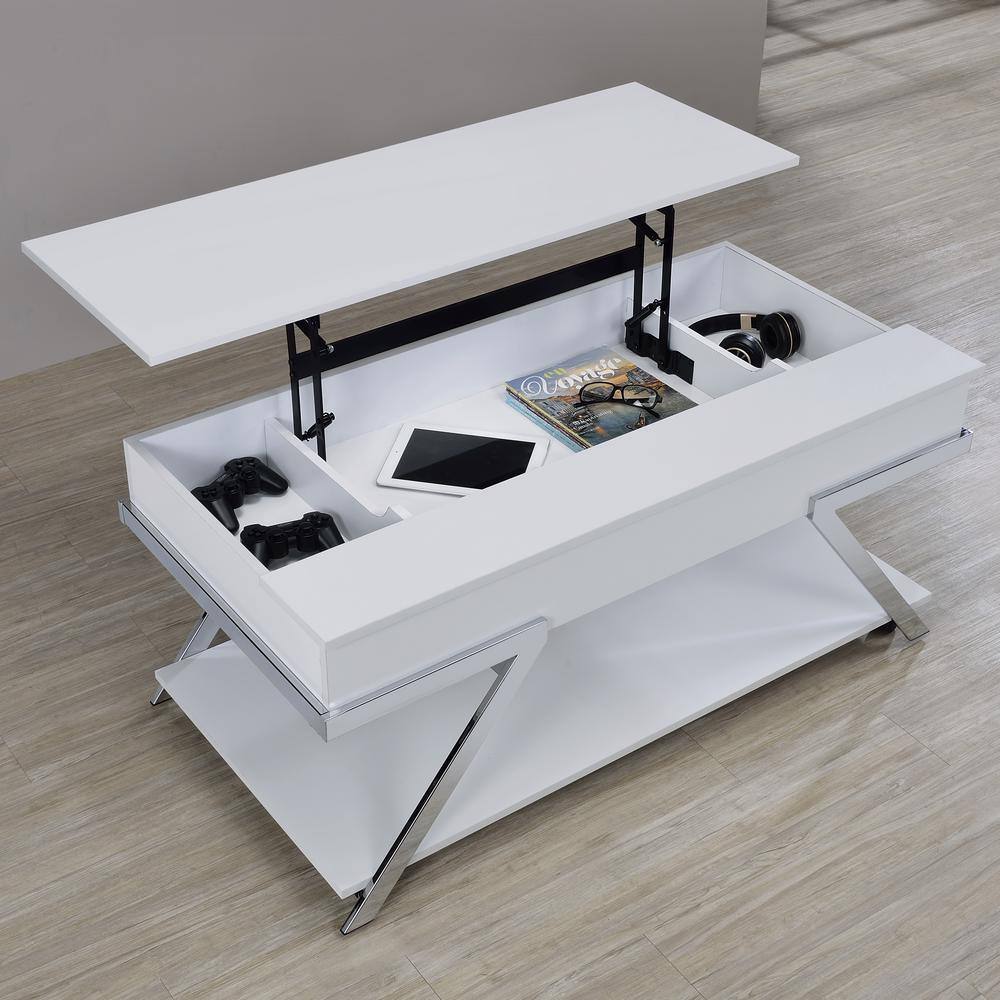 White Metal and Wood Lift-Top Coffee Table with Storage