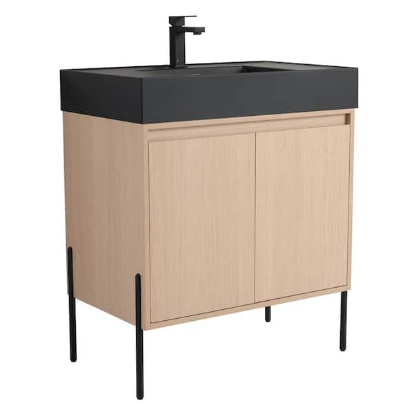 Crownpoint 30 in. Freestanding Single White Oak Bathroom Vanity with Black Acrylic Sink Top Unassembled