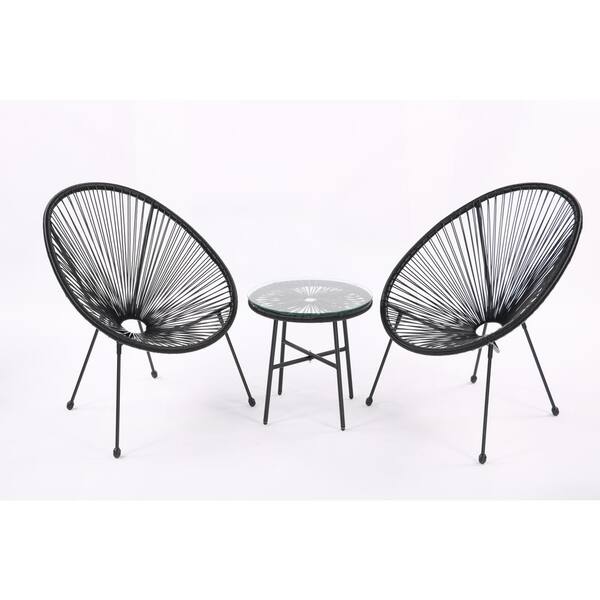 Unbranded Black 3-Piece Rattan Metal Outdoor Patio Conversation Seating Set with Coffee Table for Garden Poolside and Backyard