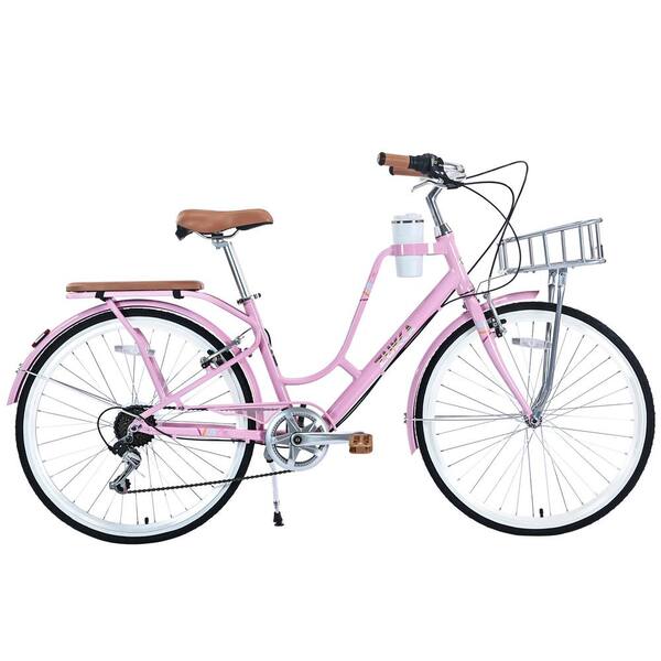 Zeus & Ruta 26 in. 7-Speed, Aluminium Alloy Frame, Coffee Cup Holder, Multiple Colors Ladies Bicycle in Pink