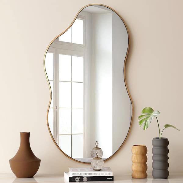 Gold 19 in W x 32 in. H Metal Irregular Wall Mirror Decorative, Antique-Gold Mirror for Wall Decor Wavy Accent Mirrors