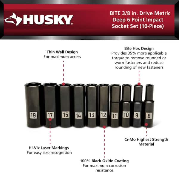 Bite 3/8 in. Drive Metric Deep 6 Point Impact Socket Set (10-Piece)