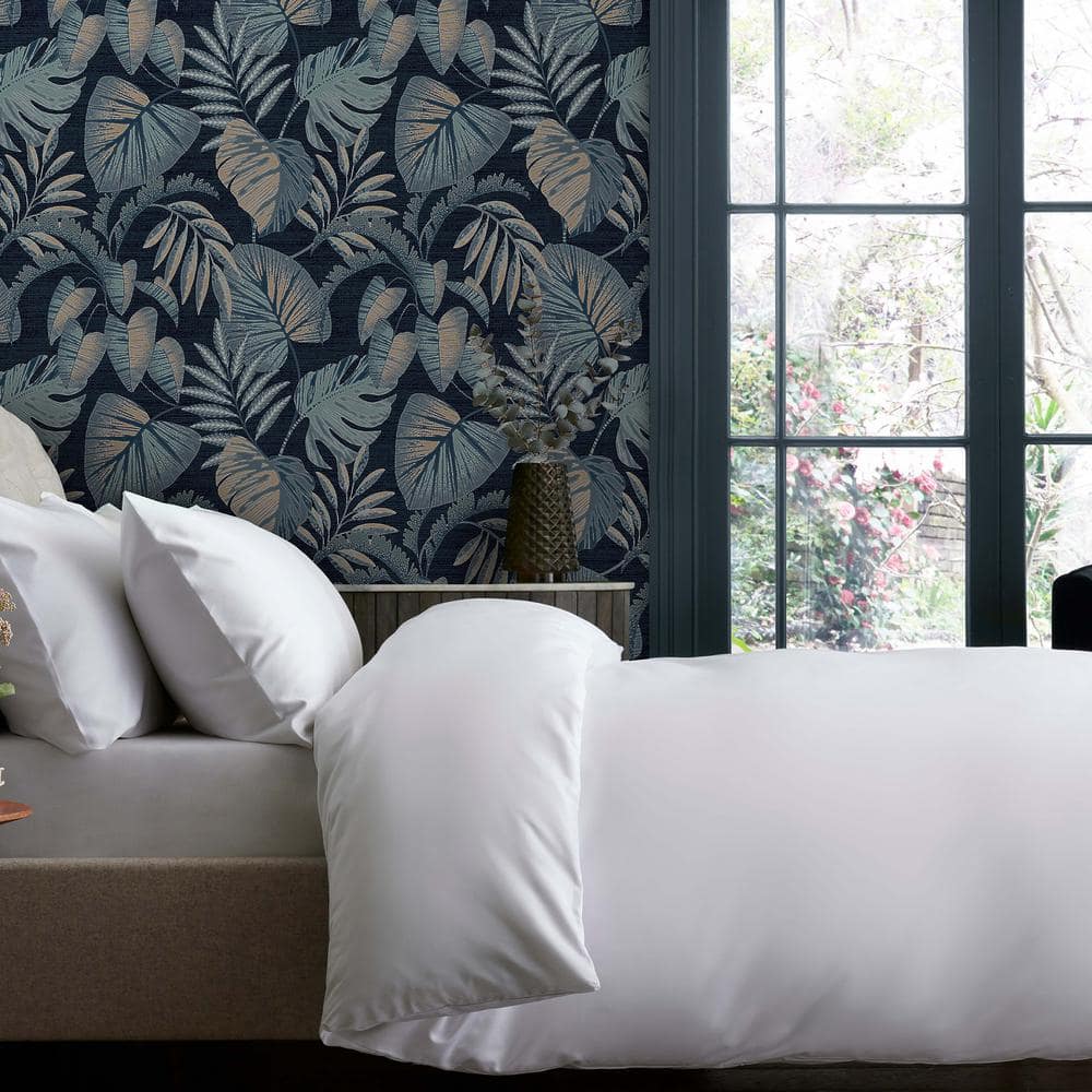 Navy Blue Tropical Leaves Removable Wallpaper Sample