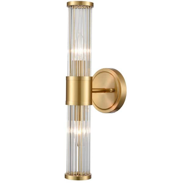 10.98 in. 2-Light Brass Modern Wall Sconce with Standard Shade