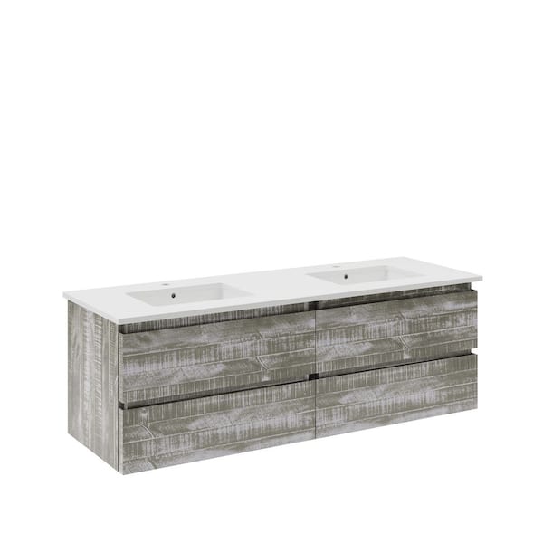 Fresca Formosa 60 in. Double Sink Wall Mount Floating Sage Gray Bath Vanity with White Quartz Top and Undermount Ceramic Sink