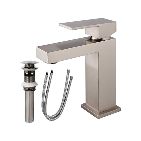 Brushed Nickel Single Hole Bathroom Faucet, Solid Brass Single Handle Square Sink Faucet with Pop-up Drain & Hoses