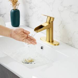 Single-Handle Single Hole Waterfall Bathroom Faucet with Pop-Up Drain and Supply Lines in Brushed Gold
