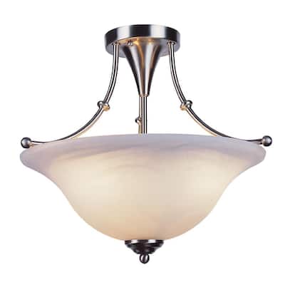 Perkins 18 in. 3-Light Brushed Nickel Semi Flush Mount with Marbleized Glass Shade