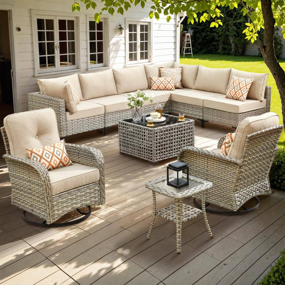 Aquarius 10-Piece Wicker Patio Conversation Seating Sofa Set with Beige Cushions and Swivel Rocking Chairs price history on PriceWatchPro