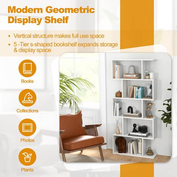 5-Tier authentic Geometric Bookshelf, Wooden S-Shaped Bookcase