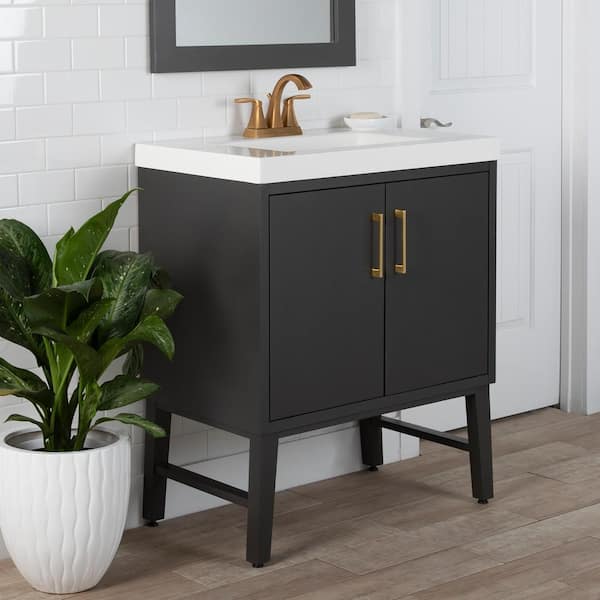 30 Bathroom Vanity with Single Sink,Modern Bathroom Storge Cabinet with  Door and Open Shelves,Freestanding Bathroom Sink Vanity Combo,Metal  Frame,Easy Assemble,Black