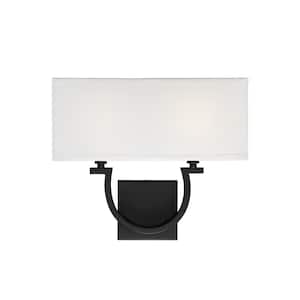 Rhodes 14 in. W x 12 in. H 2-Light Matte Black Wall Sconce with White Linen Shade