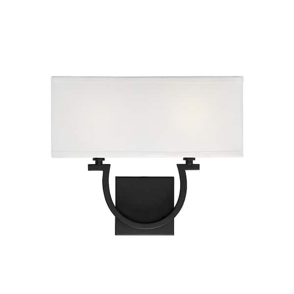 Savoy House Rhodes 14 in. W x 12 in. H 2-Light Matte Black Wall Sconce with White Linen Shade