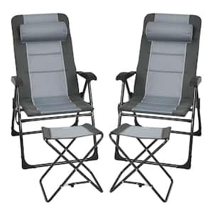 4-Pieces Folding Fabric Patio Recliner Chair and Ottoman Set with Adjustable Backrest in Grey