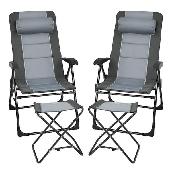 Gymax 4-Pieces Folding Fabric Patio Recliner Chair and Ottoman Set with Adjustable Backrest in Grey