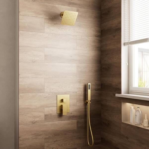 Crozet 2-Spray Wall Mount Rain Shower Head and Handheld Shower Faucet 1.8 GPM in Brushed Gold (Valve Included)