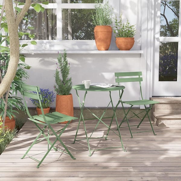 Yangming 3-Piece Steel Frame Round Table Patio Outdoor Bistro Dining Set, Foldable Patio Table and Chairs Furniture, Bean Green