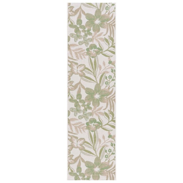 Courtyard Ivory/Green 2 ft. x 8 ft. Botanical Leaves Indoor/Outdoor Runner Rug