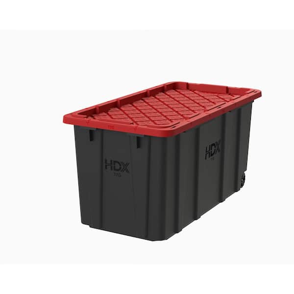 77 gal. Tough Storage Tote with Wheels in Black with Red Lid