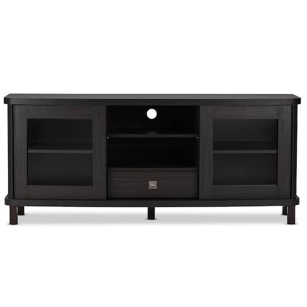 Baxton Studio Walda 59 in. Dark Brown Wood TV Stand with 1 Drawer Fits TVs Up to 64 in. with Storage Doors