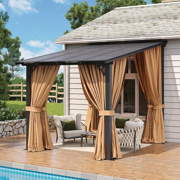 10 ft. x 8 ft. Wall-Mounted Sloped Roof Hardtop Gazebo with Polycarbonate Panels with Netting and Curtain