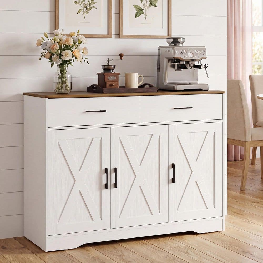 White/Black Wood 32 in. H Storage Cabinet with Drawers and Adjustable Shelf