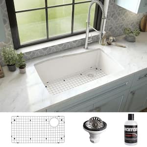 White Quartz Composite 33 in. Single Bowl Undermount Kitchen Sink with Accessories