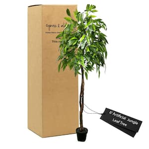 Handmade 6 ft. Artificial Jungle Leaf Tree in Home Basics Plastic Pot Made with Real Wood and Moss Accents