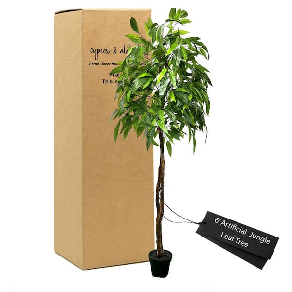 CYPRESS & ALABASTER Handmade 6 ft. Artificial Jungle Leaf Tree in Home Basics Plastic Pot Made with Real Wood and Moss Accents