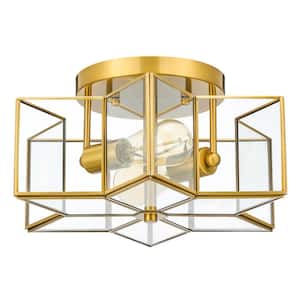 13.3 in. 2-Light Gold Flush Mount with Star Glass Shade