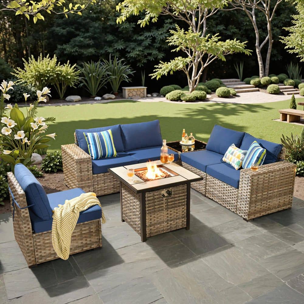 Baldwin Gray 7-Piece Wicker Wide Arm Outdoor Patio Sofa Sectional Set with Square Fire Pit and Navy Blue Cushions price history on PriceWatchPro