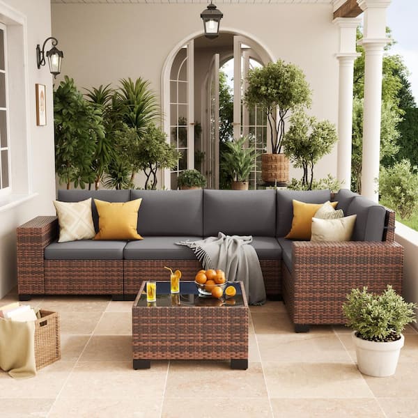 Poteban 6-Piece Outdoor Brown Wicker Patio Conversation Set With Gray Cushions