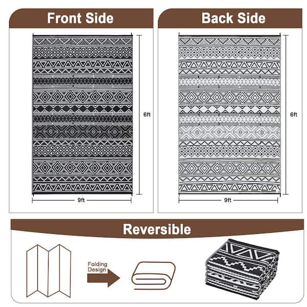 9*12FT Black/White Boho Reversible Waterproof Outdoor Patio Rug, for Deck/Porch/Balcony/Backyard/Picnic