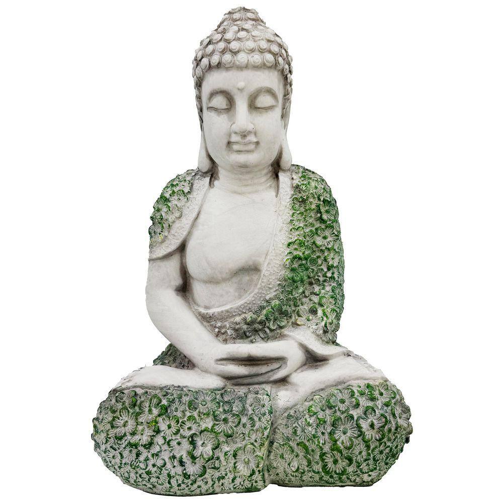 16 in. Sitting Buddha Garden Statue with Flower Robe