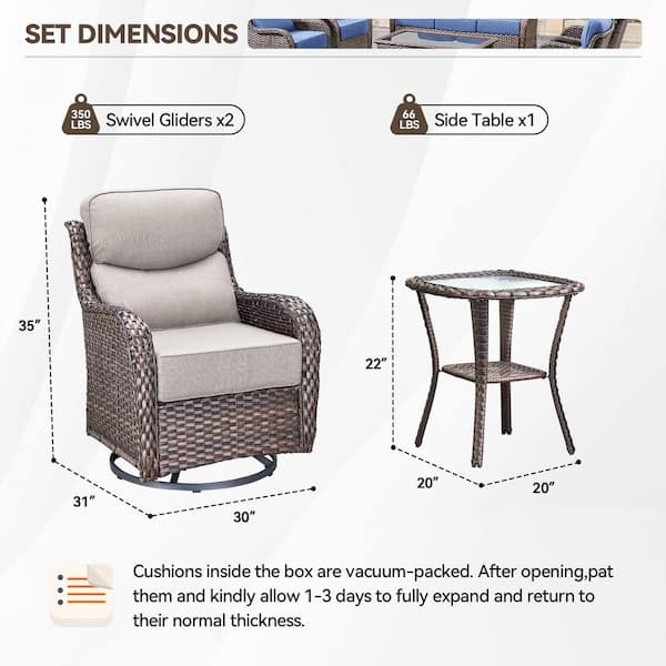 Luxurious Brown Swivel Glider Wicker Patio Conversation Set with Beige Olefin 6 In. Thick Cushions/Side Table (3-Piece)