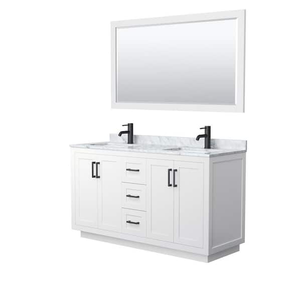Wyndham Collection Miranda 60 in. W Double Bath Vanity in White with Marble Vanity Top in White Carrara with White Basins and Mirror