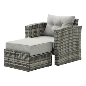 Gray Wicker Outdoor Lounge Chair with Ottoman and Cushion