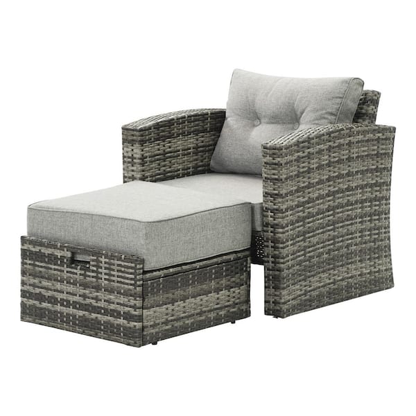 Cesicia Gray Wicker Outdoor Lounge Chair with Ottoman and Cushion