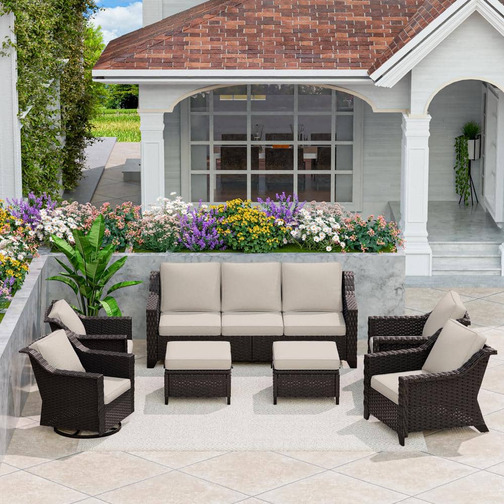 7-Piece Wicker Outdoor Patio Conversation Furniture Sofa Set Swivel Rocker Chairs with Beige Cushions price history on PriceWatchPro