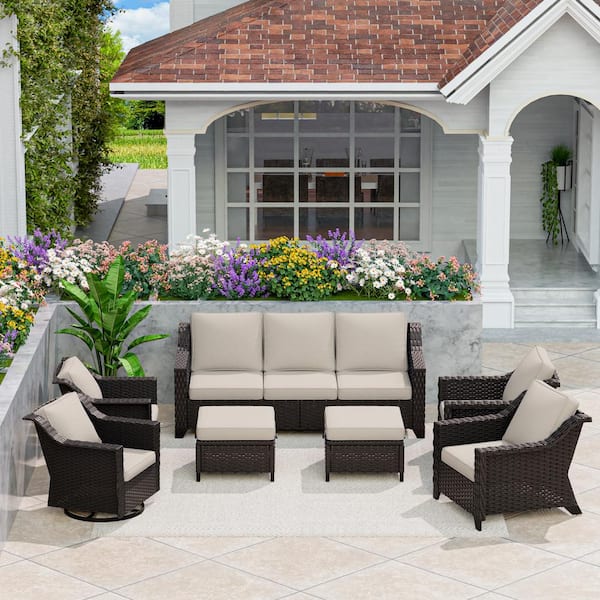 7-Piece Wicker Outdoor Patio Conversation Furniture Sofa Set Swivel Rocker Chairs with Beige Cushions